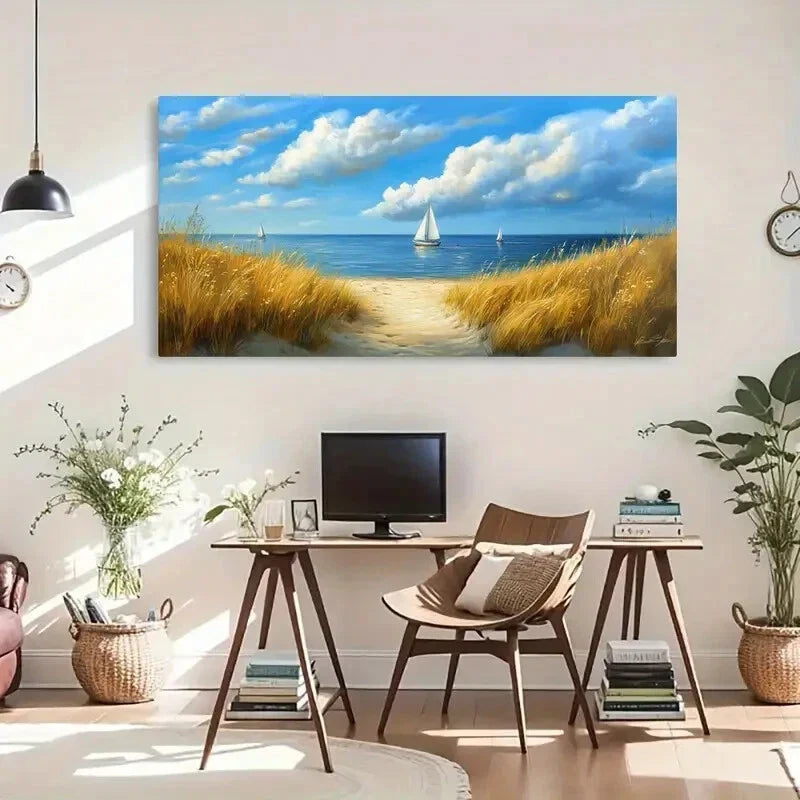 Sailboats & Beach Landscape Wall Art Canvas Office Home Room Framed 120x60cm
