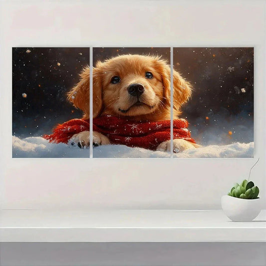3pcs Puppy in Scarf Winter Scene Metal Print Ready to Hang Art