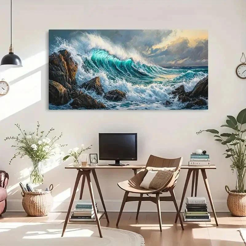 Sea Wave Vintage Landscape Wall Art Canvas Office Home Room Framed 120x60cm