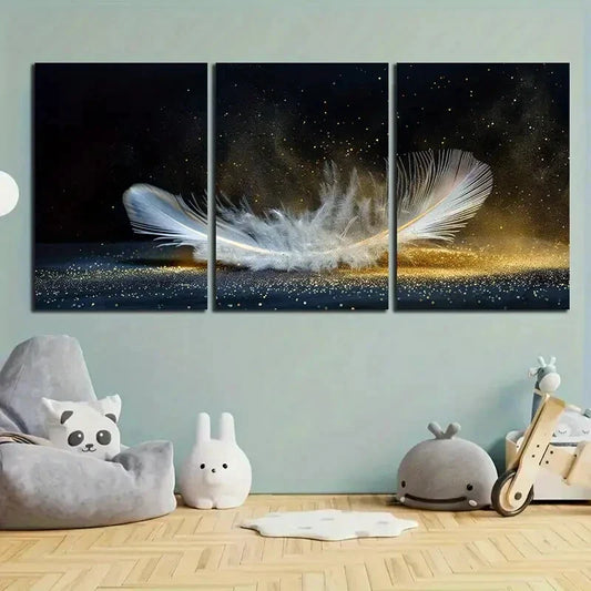 3pcs Feather Golden Blue White Wing Metal Print Ready to Hang Art