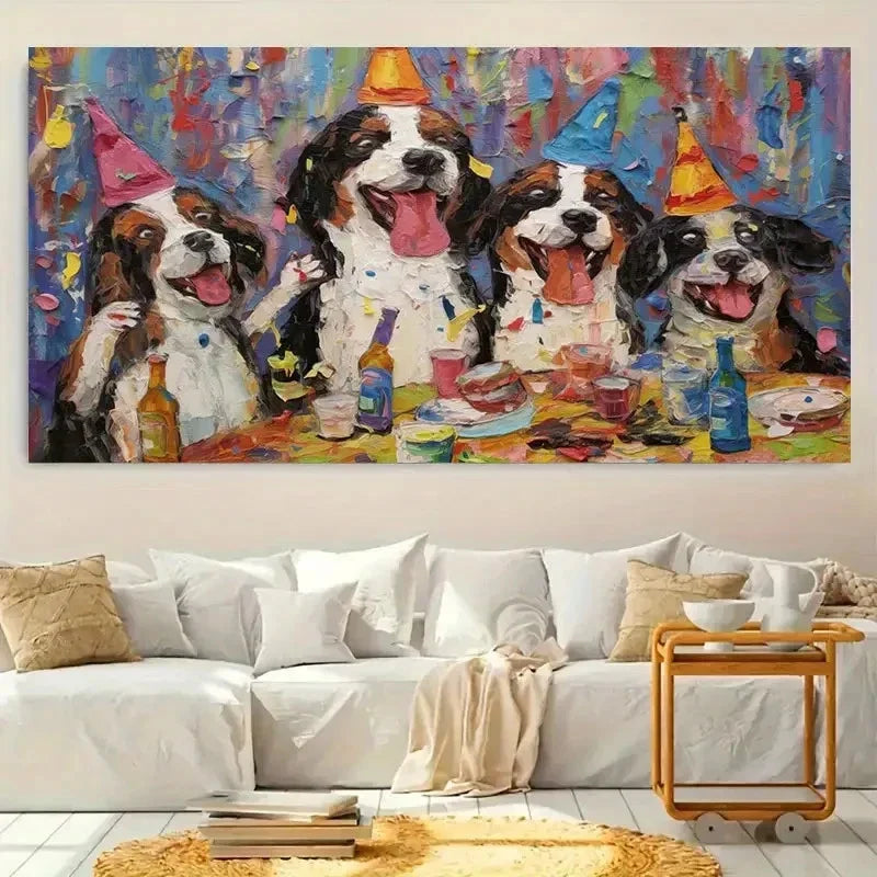 Happy Dogs In Party Hats Wall Art Canvas Office Home Room Framed 80x45cm