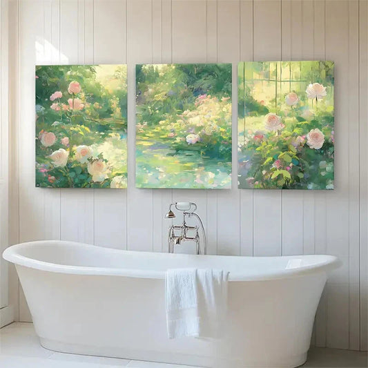 3pcs Serene Garden Rose Lush Greenery Perfect Wall Art Set Canvas Framed 40x60cm - High Quality Print 100% Australian Made Wall Canvas Ready to Hang