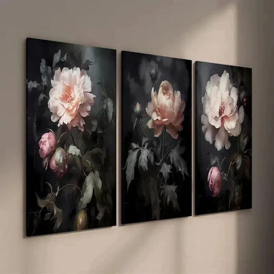3pcs Gothic Peony Pink & White Roses Wall Art Set Canvas Framed 40x60cm - High Quality Print 100% Australian Made Wall Canvas Ready to Hang