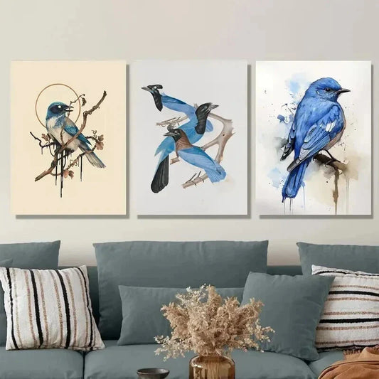 3pcs Blue Bird Watercolor Nature Bird Wall Art Set Canvas Framed 40x60cm - High Quality Print 100% Australian Made Wall Canvas Ready to Hang