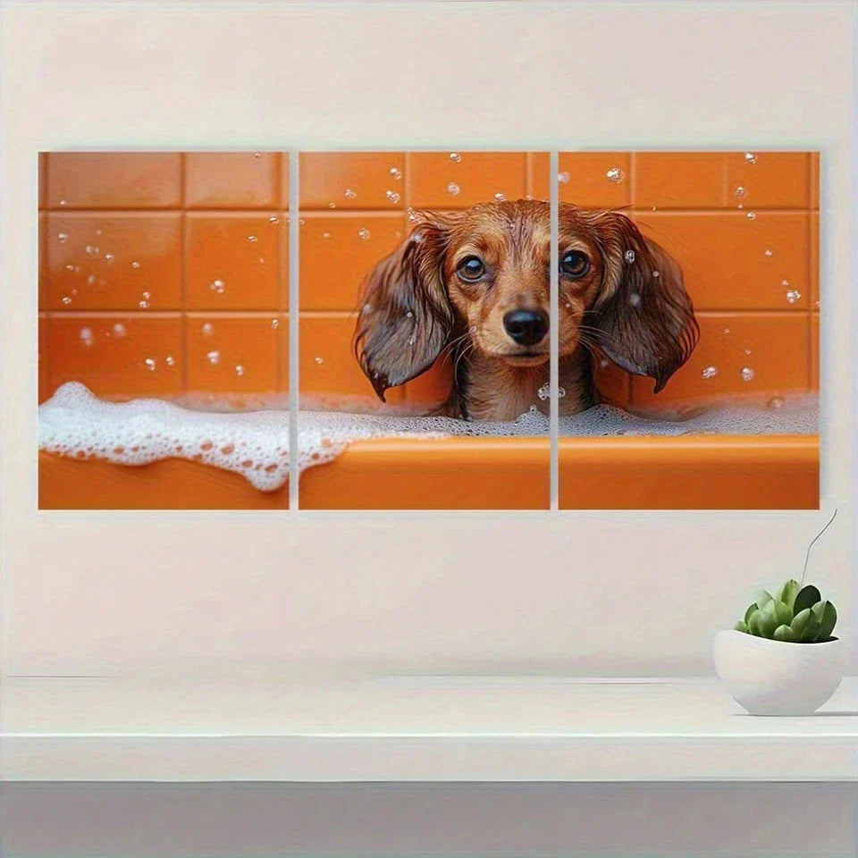 3pcs Dog Dachshund in Bathtub Metal Print Ready to Hang Art