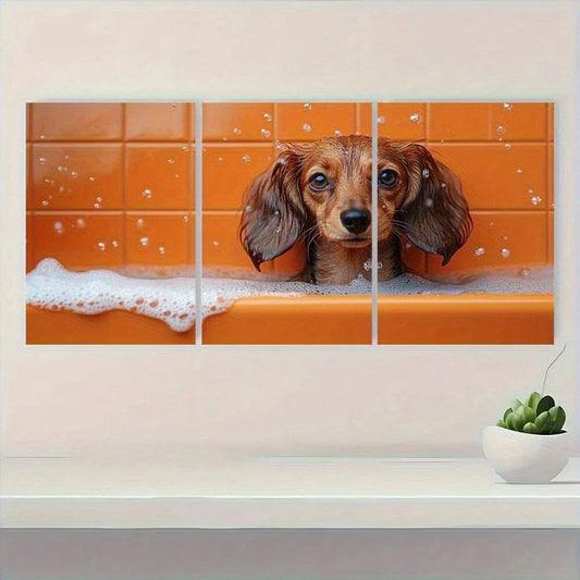 3pcs Dog Dachshund in Bathtub Metal Print Ready to Hang Art