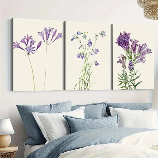 3pcs Purple Botanical Flower Art Green Leaves Wall Art Set Canvas Framed 40x60cm - High Quality Print 100% Australian Made Wall Canvas Ready to Hang