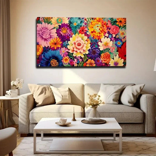 Vibrant Floral Deco Wall Art Canvas Office Home Room Framed 120x60cm
