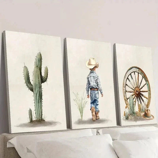 3pcs Green Cactus Cowboy Boy Desert Theme Wall Art Set Canvas Framed 40x60cm - High Quality Print 100% Australian Made Wall Canvas Ready to Hang
