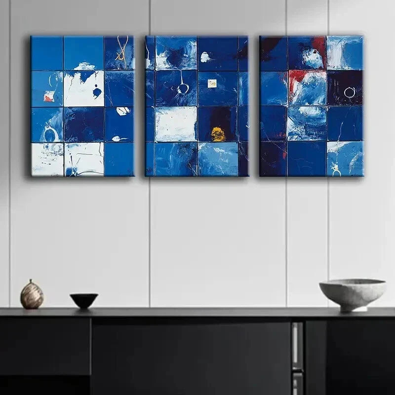 3pcs Abstract Blue and White Geometric Grid Wall Art Set Canvas Framed 40x60cm - High Quality Print 100% Australian Made Wall Canvas Ready to Hang