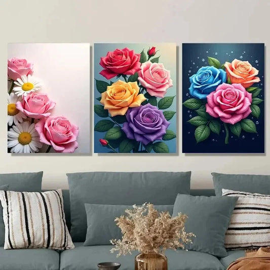3pcs Colorful Rose and Daisy Beautiful Floral Wall Art Set Canvas Framed 40x60cm - High Quality Print 100% Australian Made Wall Canvas Ready to Hang