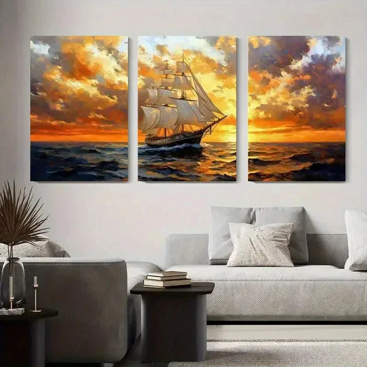 3pcs Dramatic Sunset & Ocean Waves, Classic Metal Print Ready to Hang Art