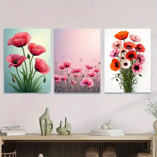 3pcs Vibrant Pink & Orange Poppy Designs Metal Print Ready to Hang Art