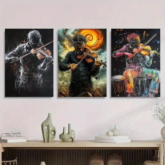 3pcs Colorful, Vibrant Musician Violinist Metal Print Ready to Hang Art