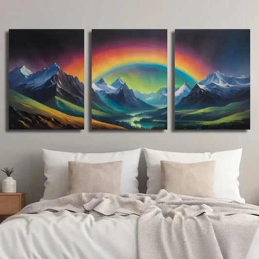 3pcs Rainbow Aurora Mountains Mural Metal Print Ready to Hang Art