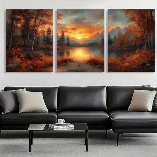 3pcs Sunset Lake Autumn Forest Landscape Wall Art Set Canvas Framed 40x60cm - High Quality Print 100% Australian Made Wall Canvas Ready to Hang