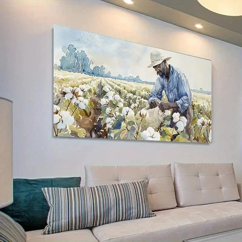 Farmer Cotton Field Nature Wall Art Canvas Office Home Room Framed 80x45cm