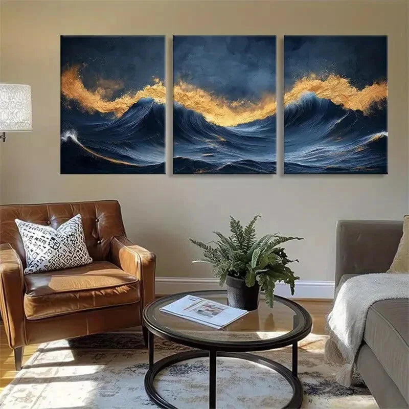3pcs Golden Ocean Waves with Fiery Glow Perfect Wall Art Set Canvas Framed 40x60cm - High Quality Print 100% Australian Made Wall Canvas Ready to Hang