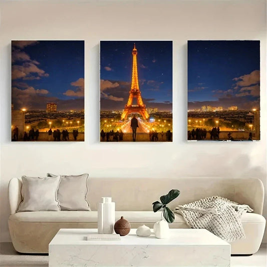 3pcs A Group of People Standing in Front Of Tower Metal Print Ready to Hang Art