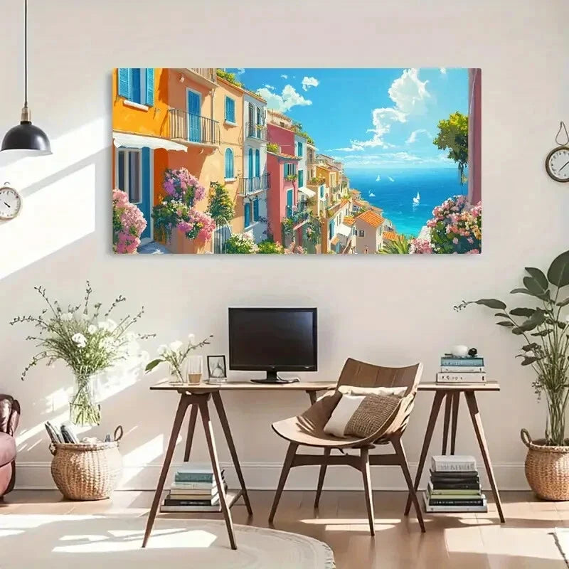 Colorful Houses & Flowers Deco Wall Art Canvas Office Home Room Framed 120x60cm