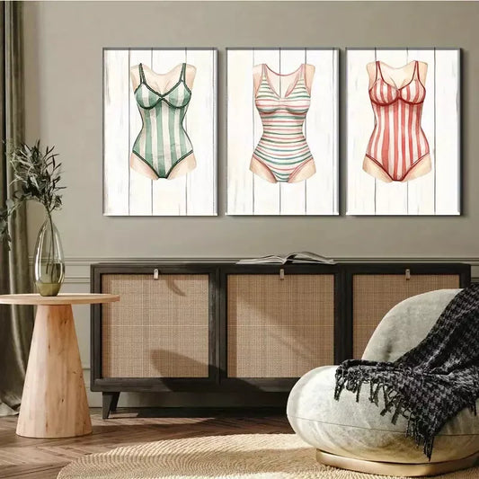3pcs Vintage - style Swimsuit Triptych Wall Art Set Canvas Framed 40x60cm - High Quality Print 100% Australian Made Wall Canvas Ready to Hang