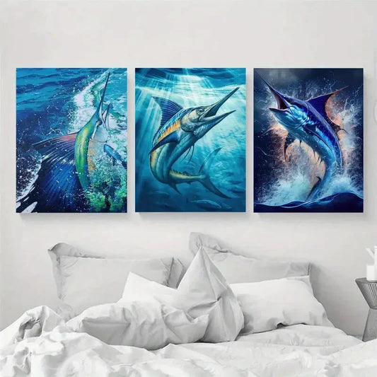 3pcs Blue Marlin Watercolor Blue Metal Print Ready to Hang Art