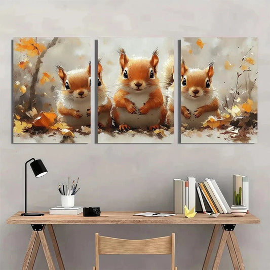 3pcs Adorable Red Squirrel Family Metal Print Ready to Hang Art