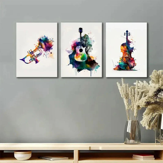 3pcs Guitar Trumpet Violin Vibrant Color Metal Print Ready to Hang Art