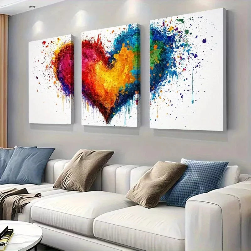 3pcs Modern Vibrant Abstract Colorful Heart Wall Art Set Canvas Framed 40x60cm - High Quality Print 100% Australian Made Wall Canvas Ready to Hang
