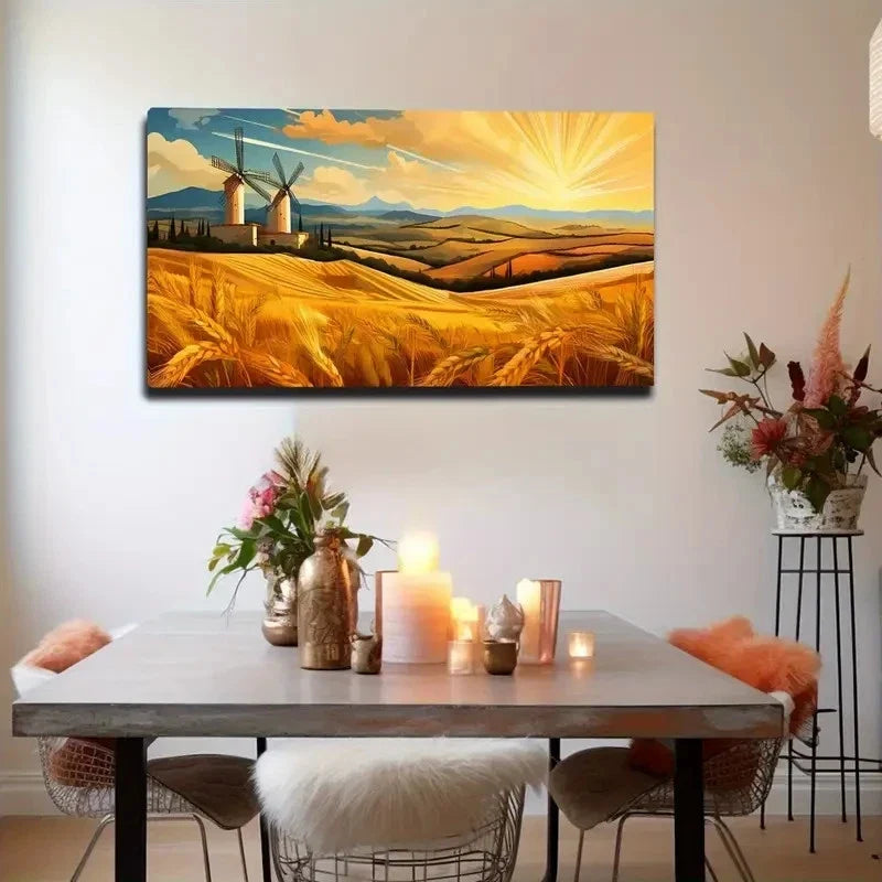 Dutch Windmill & Golden Wall Art Canvas Office Home Room Framed 80x45cm