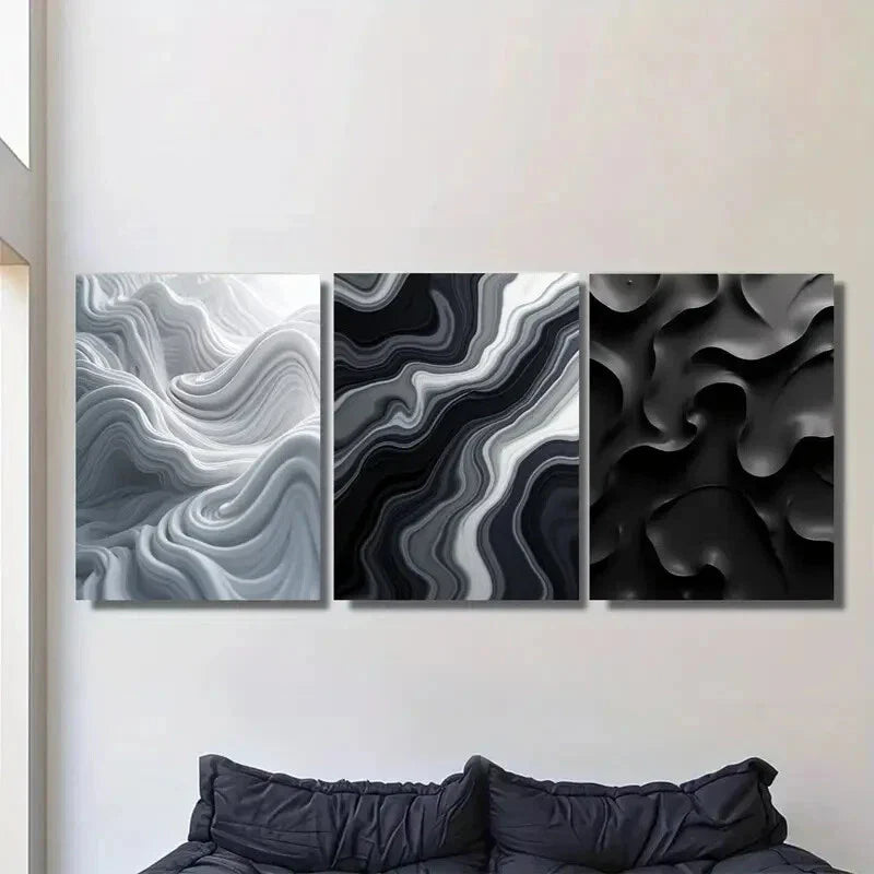 3pcs Abstract Agate Modern Black & White Metal Print Ready to Hang Art