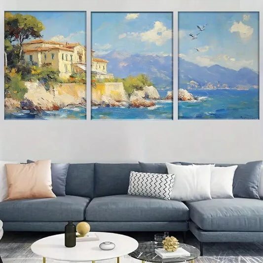 3pcs Modern Mediterranean Coastal Villa Wall Art Set Canvas Framed 40x60cm - High Quality Print 100% Australian Made Wall Canvas Ready to Hang