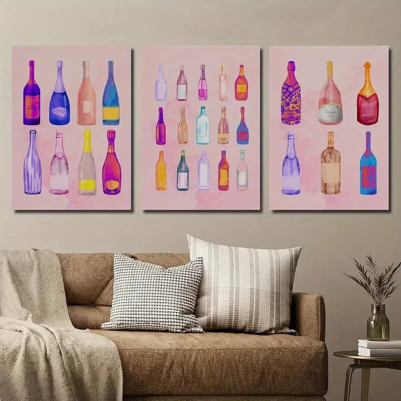 3pcs Beautiful Girly Wine Bottle Bar Cart Wall Art Set Canvas Framed 40x60cm - High Quality Print 100% Australian Made Wall Canvas Ready to Hang