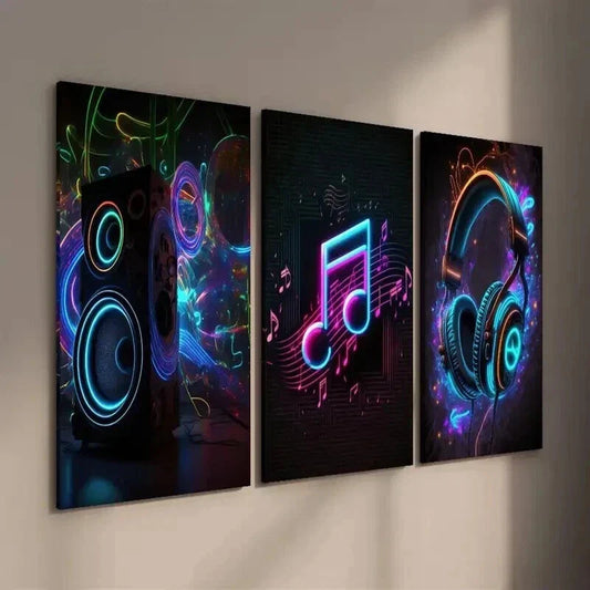 3pcs Neon Creative Audio Headphones Note Wall Art Set Canvas Framed 40x60cm - High Quality Print 100% Australian Made Wall Canvas Ready to Hang