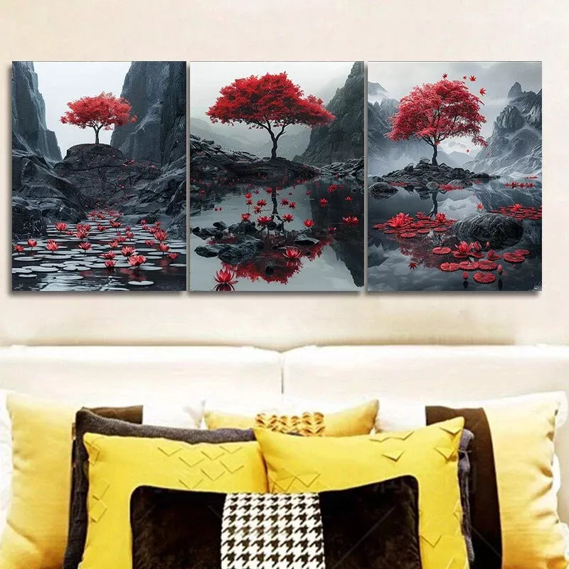 3pcss There Is A Red Maple Tree Wall Art Set Canvas Framed 40x60cm - High Quality Print 100% Australian Made Wall Canvas Ready to Hang