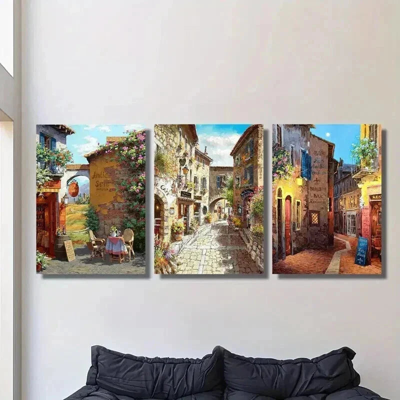 3pcs Tuscan Garden & European Town Wall Art Set Canvas Framed 40x60cm - High Quality Print 100% Australian Made Wall Canvas Ready to Hang