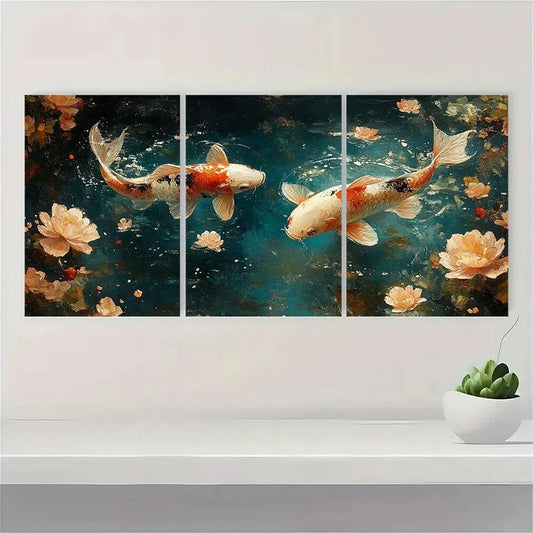 3pcs Fish Patterns Playing on Lake Water Metal Print Ready to Hang Art