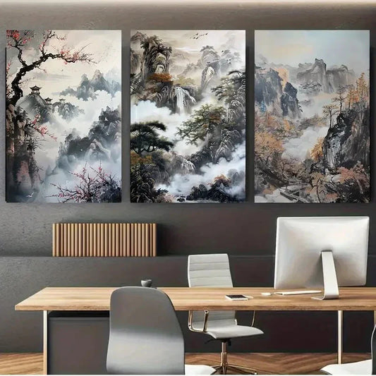 3pcs Chinese Landscape Paintings Metal Print Ready to Hang Art