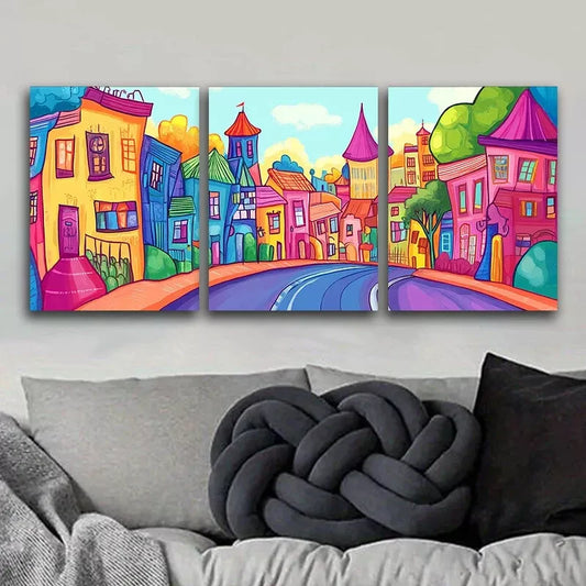 3pcs Cartoon Town Colorful Background Wall Art Set Canvas Framed 40x60cm - High Quality Print 100% Australian Made Wall Canvas Ready to Hang