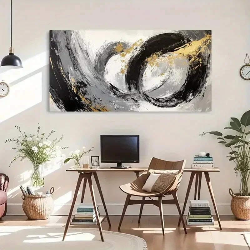Monochrome Palette Golden Leaf Wall Art Canvas Office Home Room Framed 80x45cm