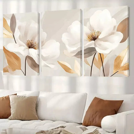 3pcs Abstract White Blossoms with Golden Leaves Wall Art Set Canvas Framed 40x60cm - High Quality Print 100% Australian Made Wall Canvas Ready to Hang