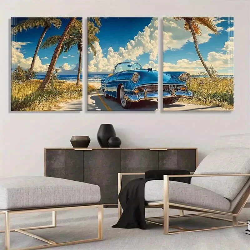 3pcs Retro Convertible Car Scenic Beach Perfect Wall Art Set Canvas Framed 40x60cm - High Quality Print 100% Australian Made Wall Canvas Ready to Hang