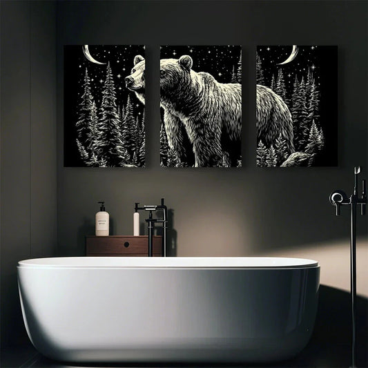 3pcs Bear Moon Starry Sky Forest Night Metal Print Ready to Hang Art