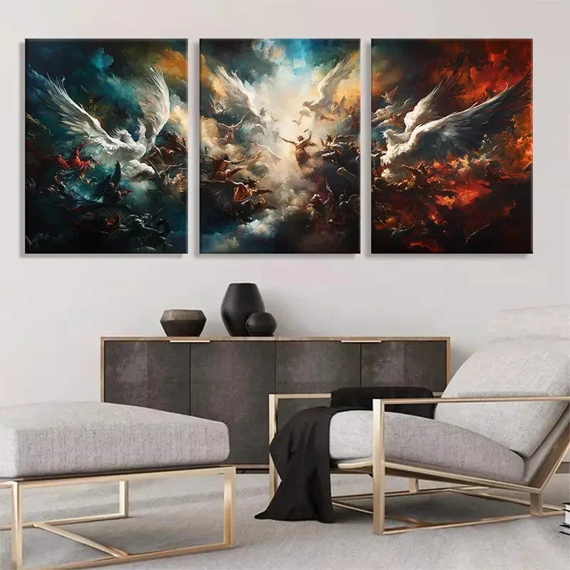 3pcs Epic Battle of Angels and Demon Perfect Wall Art Set Canvas Framed 40x60cm - High Quality Print 100% Australian Made Wall Canvas Ready to Hang