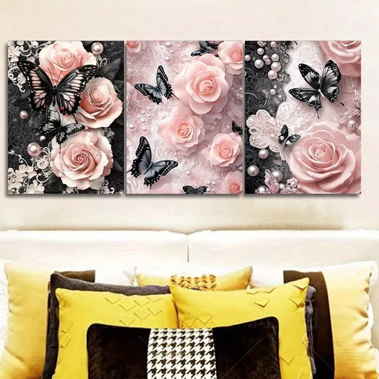 3pcs Black Butterflies In Pink Roses Floral Wall Art Set Canvas Framed 40x60cm - High Quality Print 100% Australian Made Wall Canvas Ready to Hang