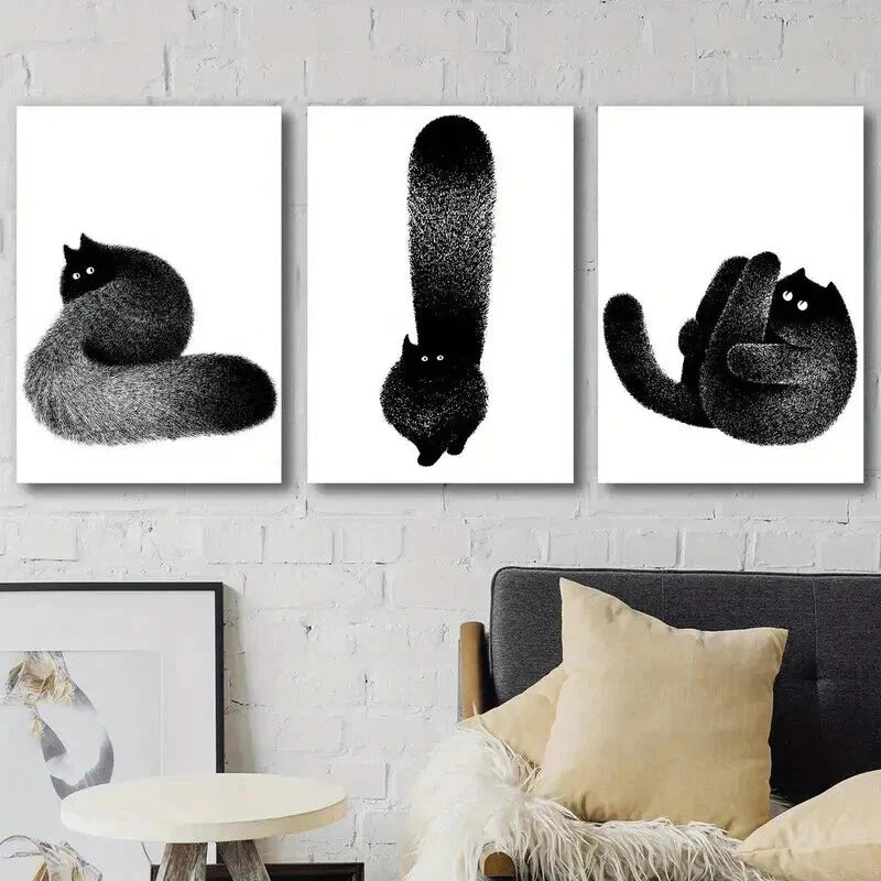 3pcs Black & White Feline Fluffy Black Cat Decor Wall Art Set Canvas Framed 40x60cm - High Quality Print 100% Australian Made Wall Canvas Ready to Hang