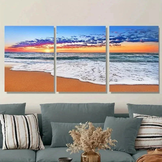 3pcs Beach Sunset Vibrant Seascape Sandy Shore Wall Art Set Canvas Framed 40x60cm - High Quality Print 100% Australian Made Wall Canvas Ready to Hang