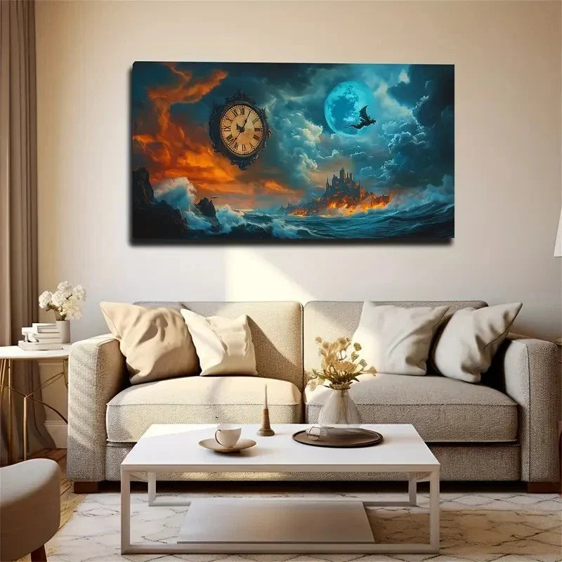 A Dragon And Classical Clock Wall Art Canvas Office Home Room Framed 120x60cm
