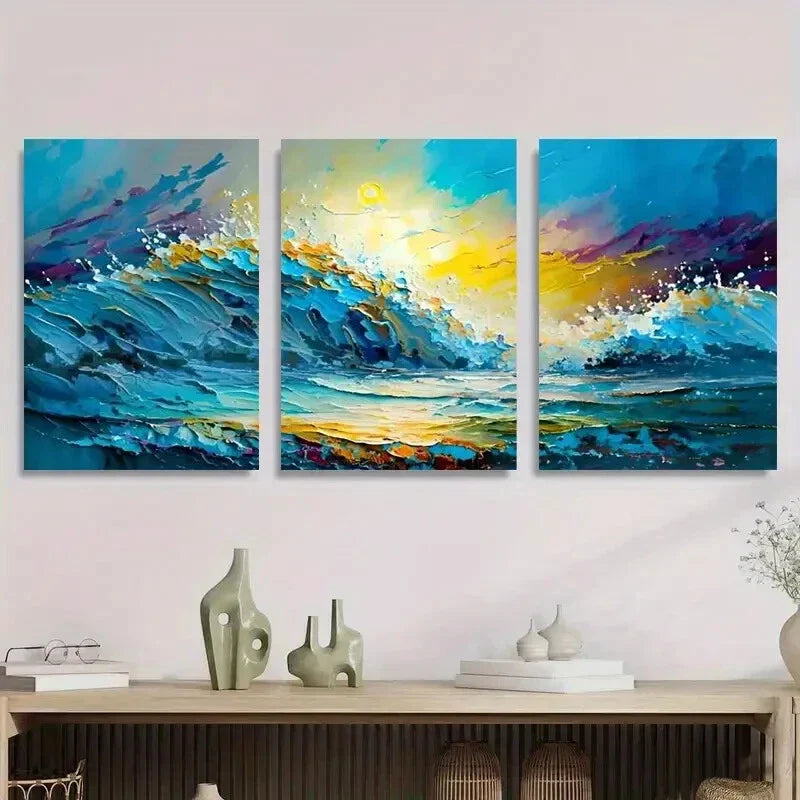 3pcs Abstract Seascape Vibrant Ocean Waves Metal Print Ready to Hang Art
