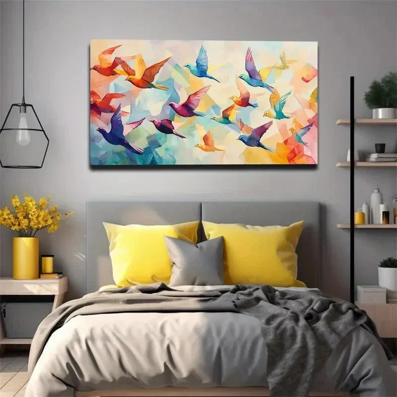 Vibrant Geometric Birds Hues Wall Art Canvas Office Home Room Framed 120x60cm